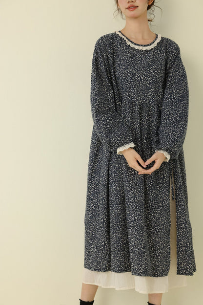 Floral Print Long Sleeve Cotton Linen Dress