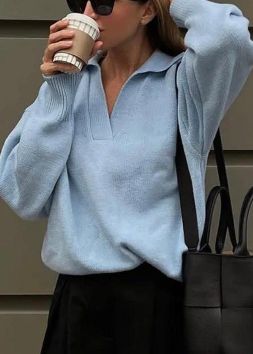 Blue Knit Pullover With Collar Detail Casual Style