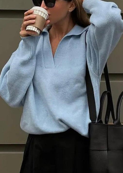 Blue Knit Pullover With Collar Detail Casual Style