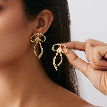Geometric Bowknot Stud Earrings Metal Floral Design Jewelry