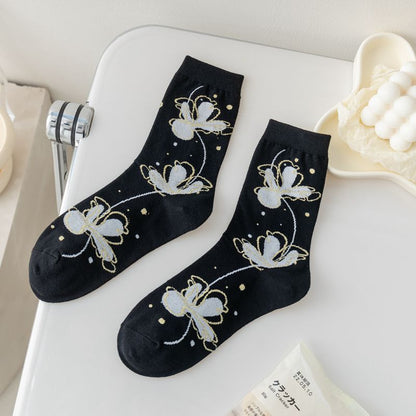 Rufia - Black and White Floral Patterned Socks