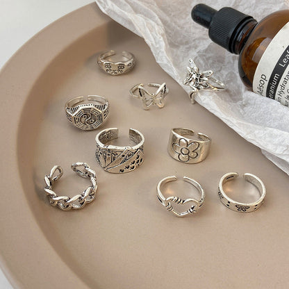 9-Piece Set Of Vintage Crying Face Rings, Playing Card Rings, Hollowed Out Love Rings, Daisy Rings, Alloy Chain Rings