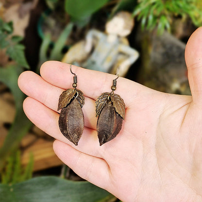 Creative Long Leaf Wood Earrings with Natural Dried Fruits