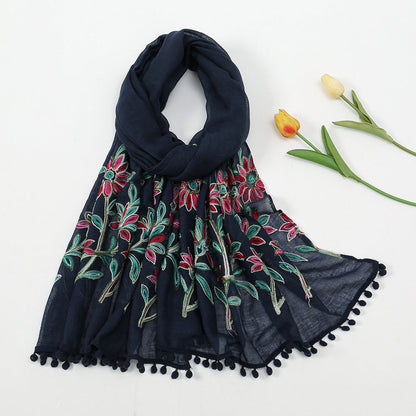 New Embroidered Furball Scarf, Cotton And Linen Shawl, Women'S Ethnic Style Retro Style, With Spring And Autumn Scarf