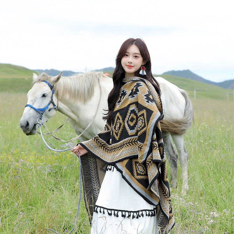 Tibetan Great Retro Totem Red Warm Outer Shawl Women'S Scarf Autumn And Winter Cloak Big Cloak