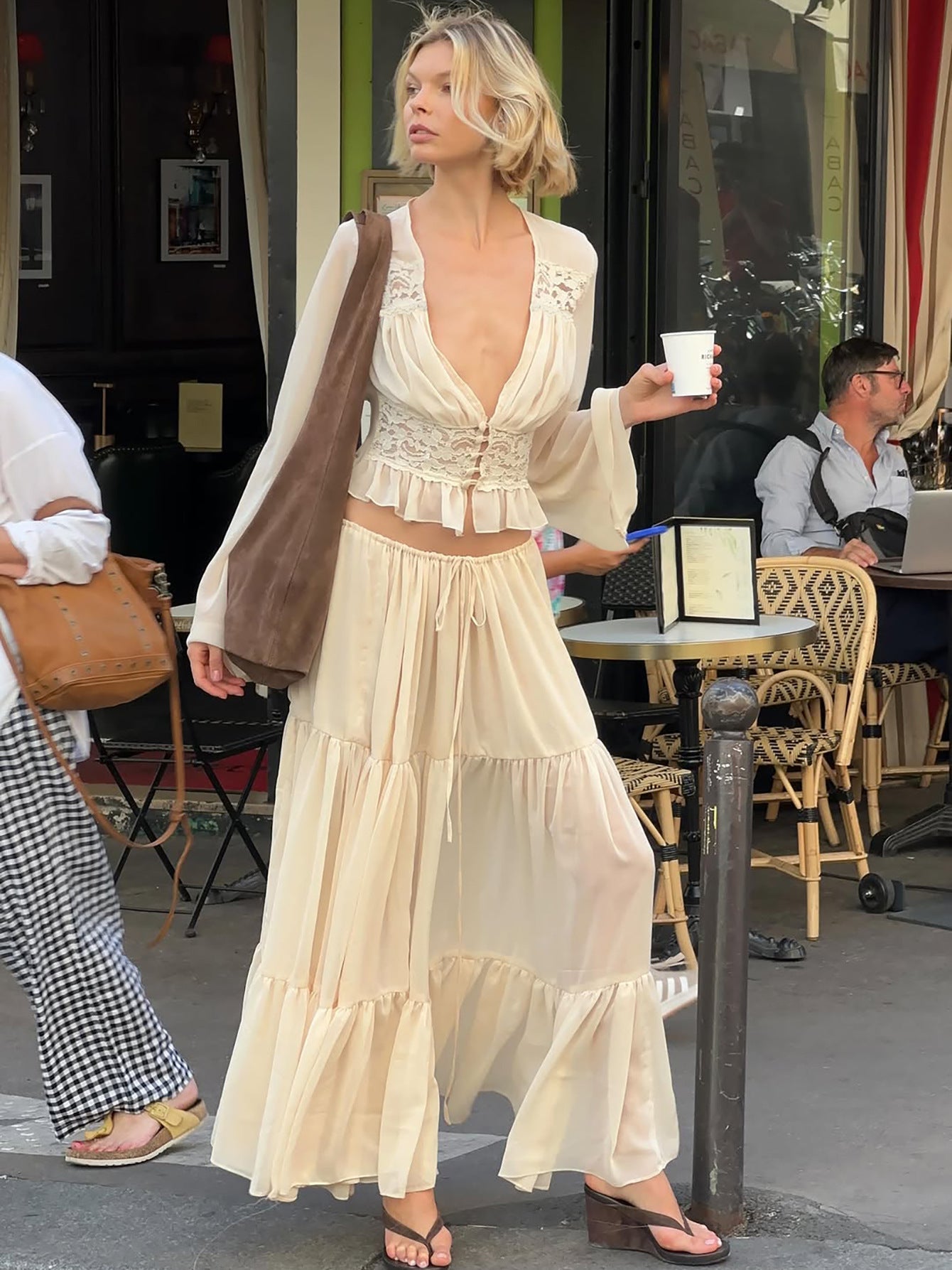 Fashionable French Lace Chiffon Cardigan Top with Tie Long Dress