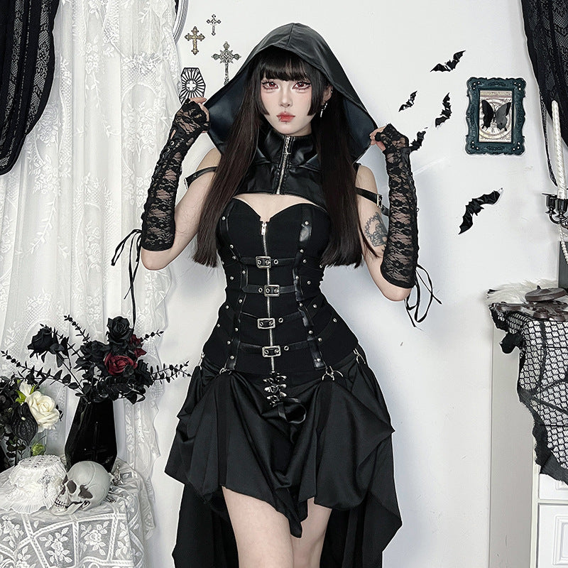 Cyber Leather Hooded Crop Top Gothic Streetwear