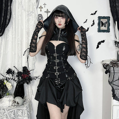 Cyber Leather Hooded Crop Top Gothic Streetwear
