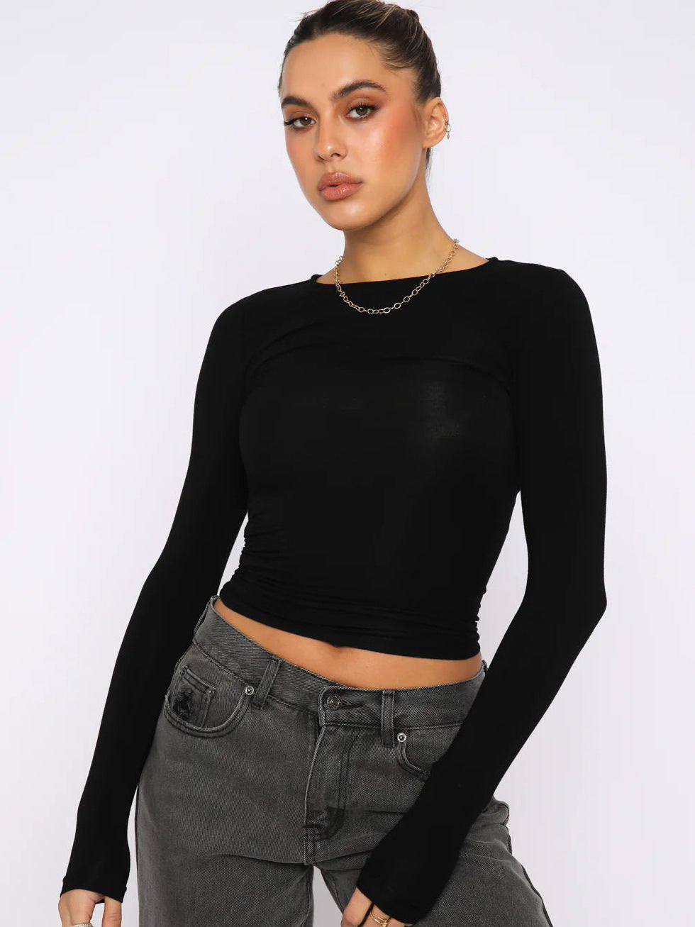 Y2K Fitted Knit Long Sleeve T-Shirt Moisture-Wicking Casual Top