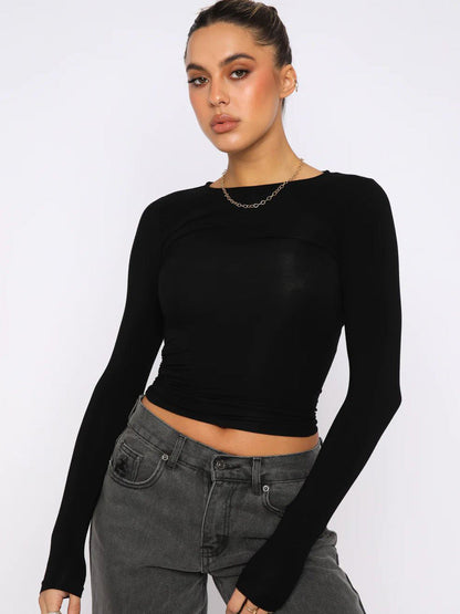 Y2K Fitted Knit Long Sleeve T-Shirt Moisture-Wicking Casual Top