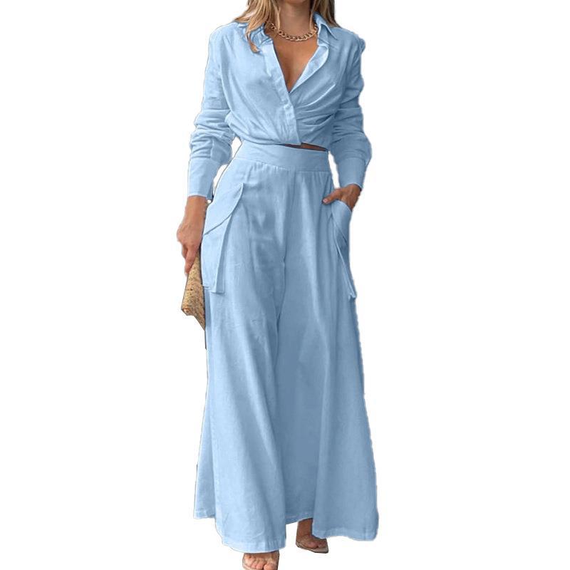 Casual Wide-Leg Pants Set with Pockets in Solid Colors