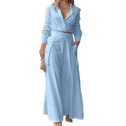 Casual Wide-Leg Pants Set with Pockets in Solid Colors