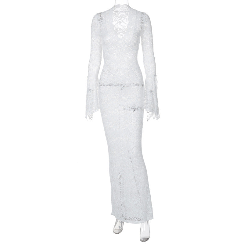 Sexy Deep V Lace Pattern Sheer Long Sleeve Maxi Dress