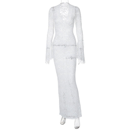 Sexy Deep V Lace Pattern Sheer Long Sleeve Maxi Dress
