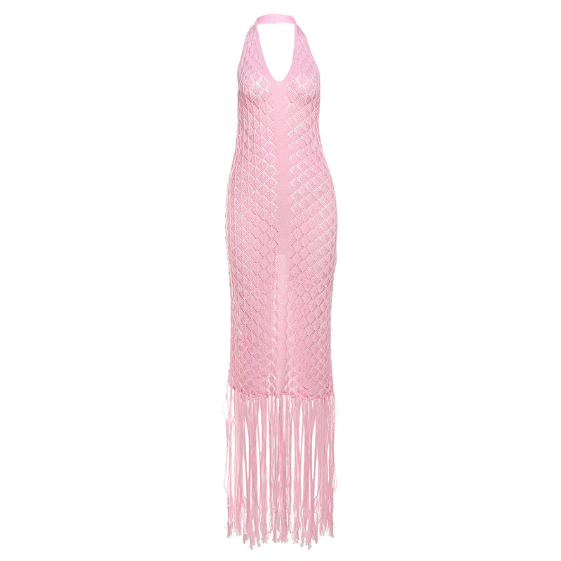 V Neck Backless Long Dress Chic Fringe Evening Dress