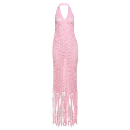 V Neck Backless Long Dress Chic Fringe Evening Dress