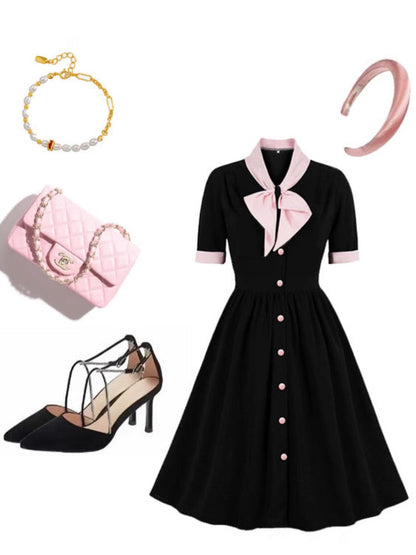 Vintage Style A-Line Dress with Bow, Polyester Fabric