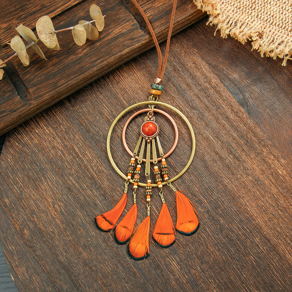 Colorful Feather Pendant Necklace Bohemian Style Butterfly Jewelry