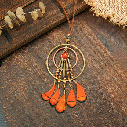 Colorful Feather Pendant Necklace Bohemian Style Butterfly Jewelry