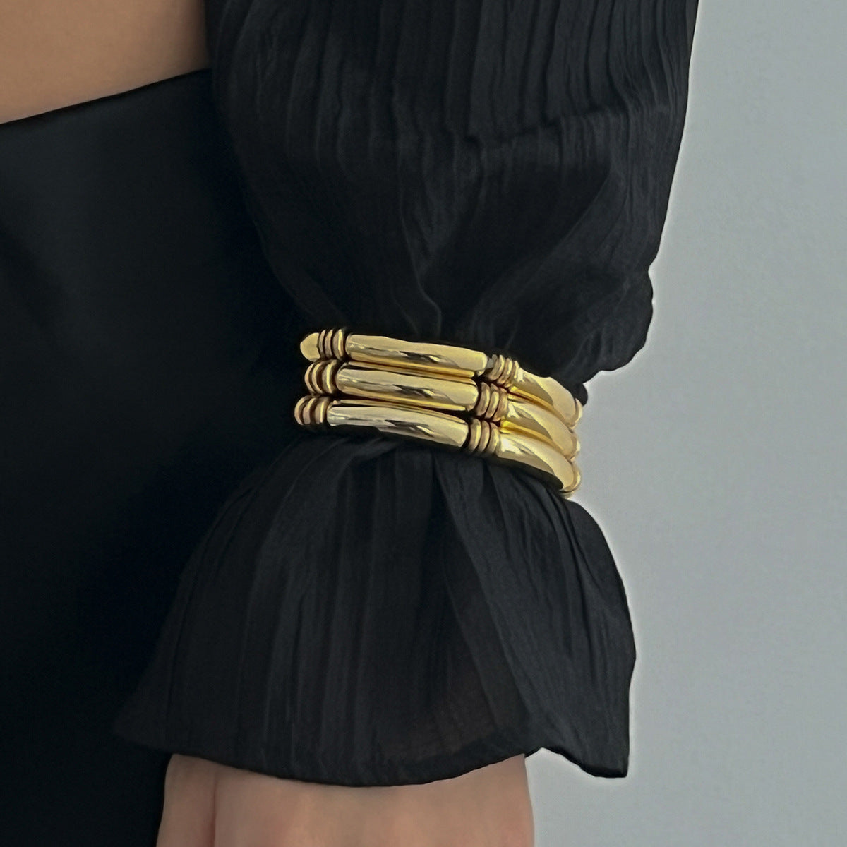 Trendy Beaded Bamboo Bracelets Set With Metallic Curved Tube Design