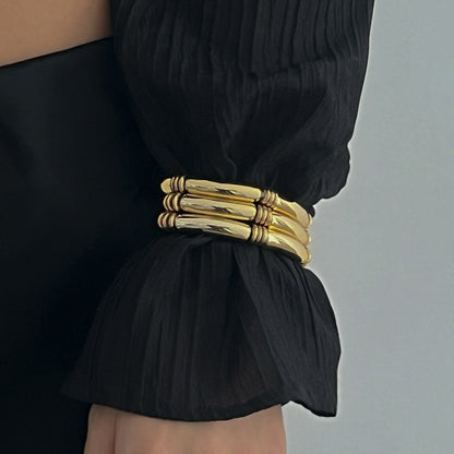 Trendy Beaded Bamboo Bracelets Set With Metallic Curved Tube Design
