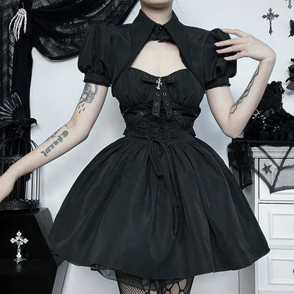 Summer New V-Neck Puff Sleeve Polo Top And A-Line Dress Set