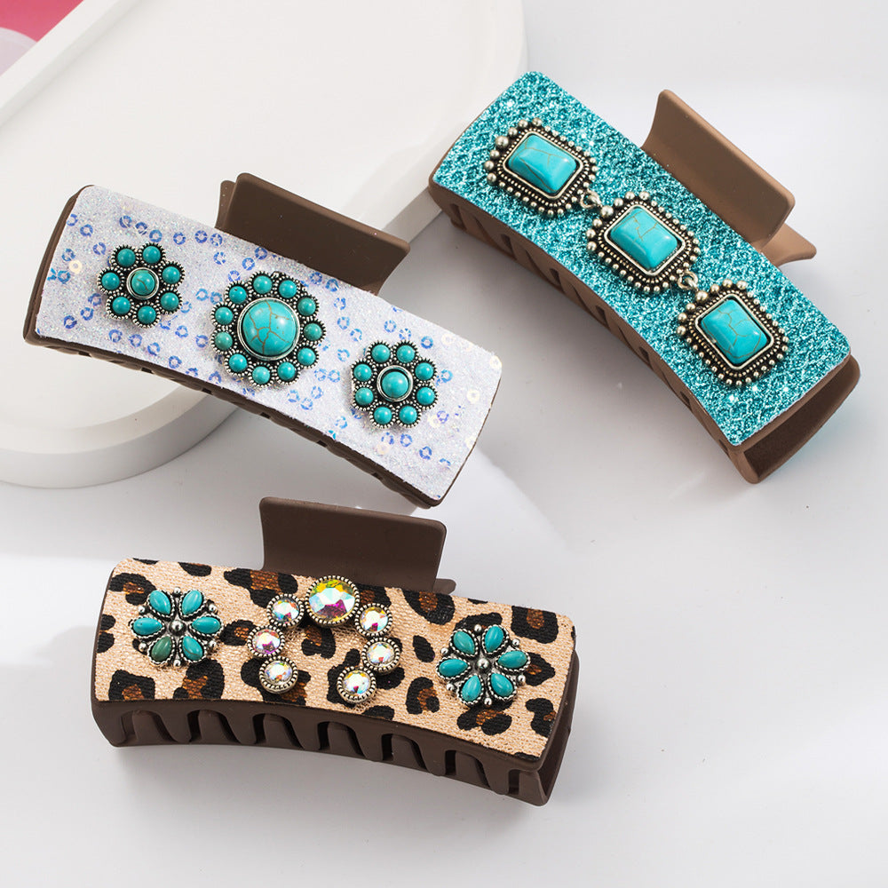 Vintage Leopard Print Hair Claw Clips with Alloy & Turquoise Accents