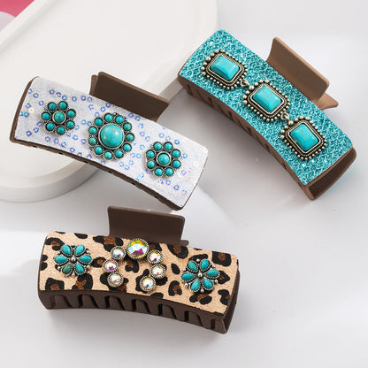 Vintage Leopard Print Hair Claw Clips with Alloy & Turquoise Accents