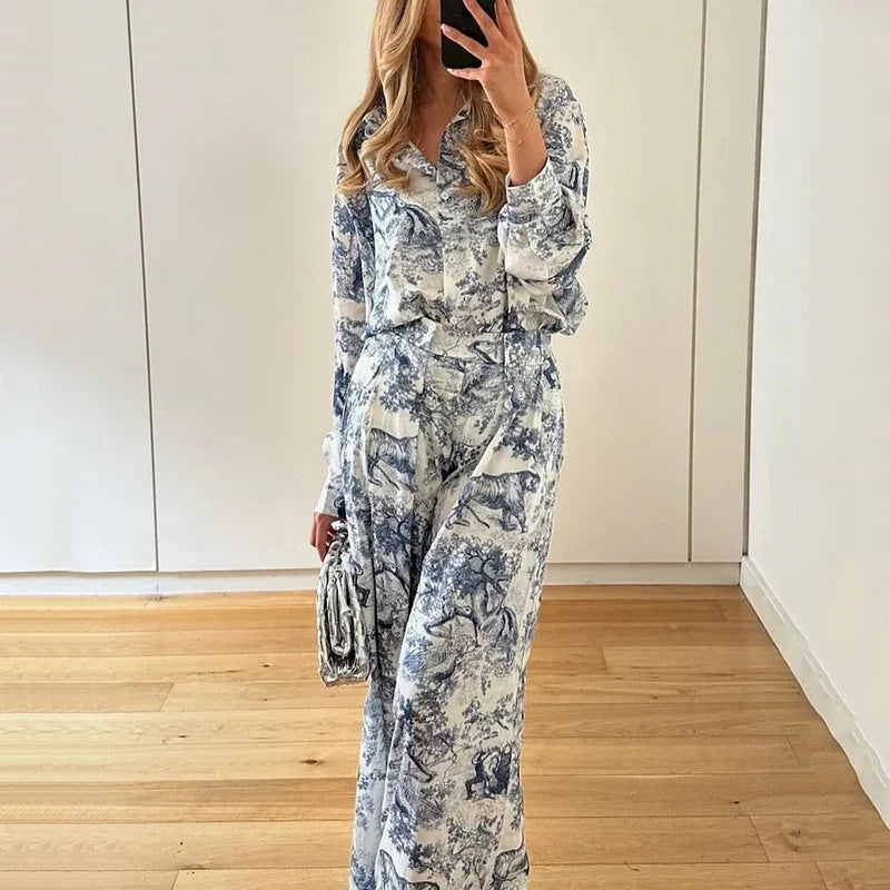 Elegant Batwing Sleeve Printed Two-Piece Set