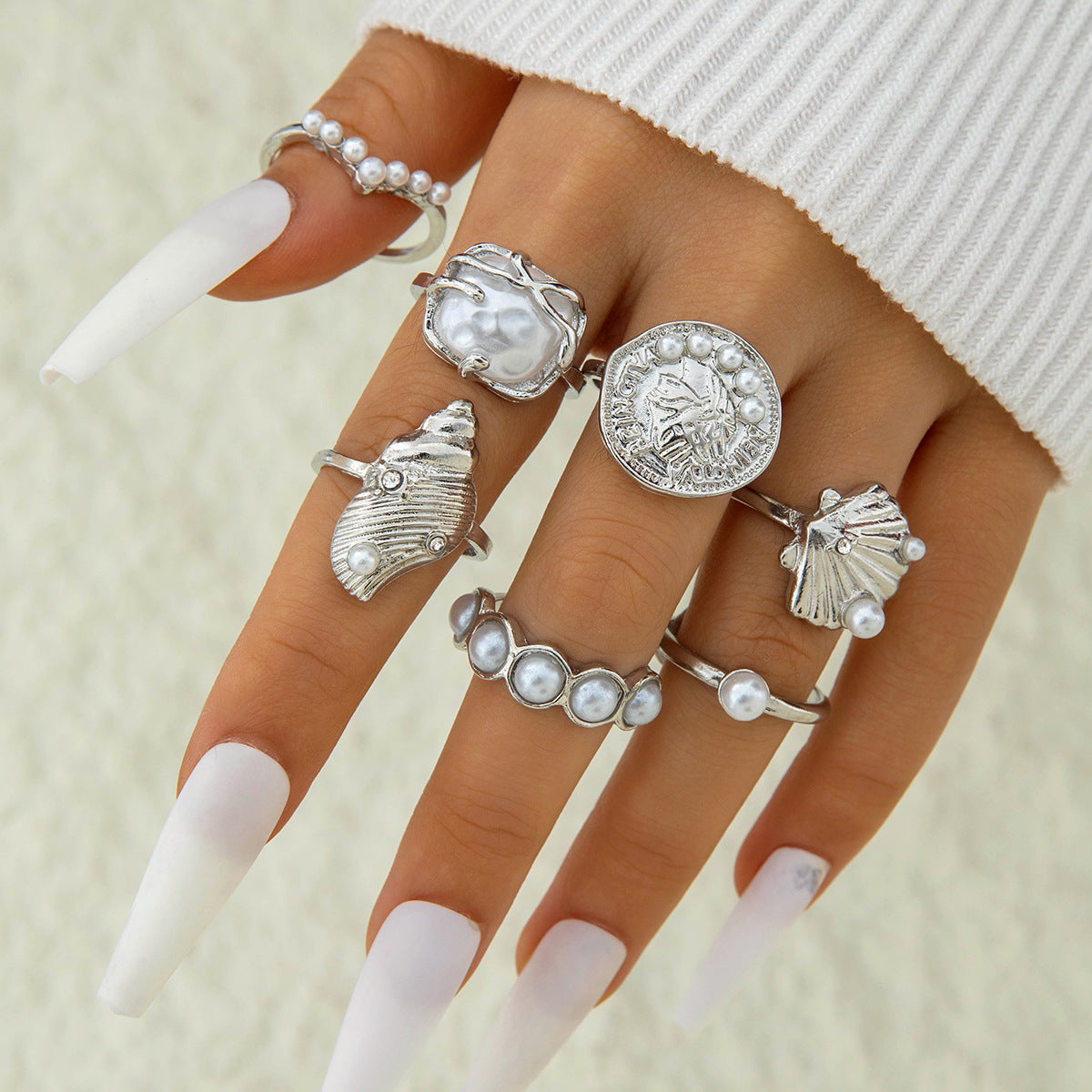 Flower-Decorated Pearl Ring Set Retro Baroque Geometric Rings