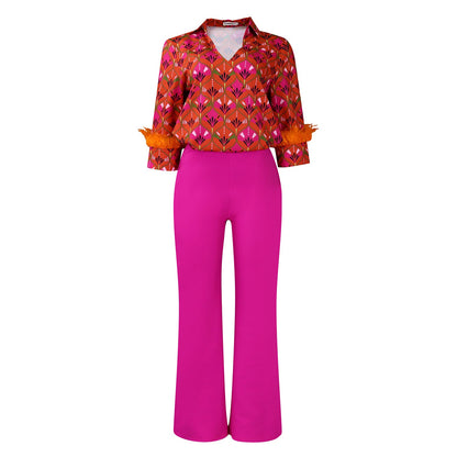 Elegant Printed Long Sleeve Shirt And Wide Leg Pants Set