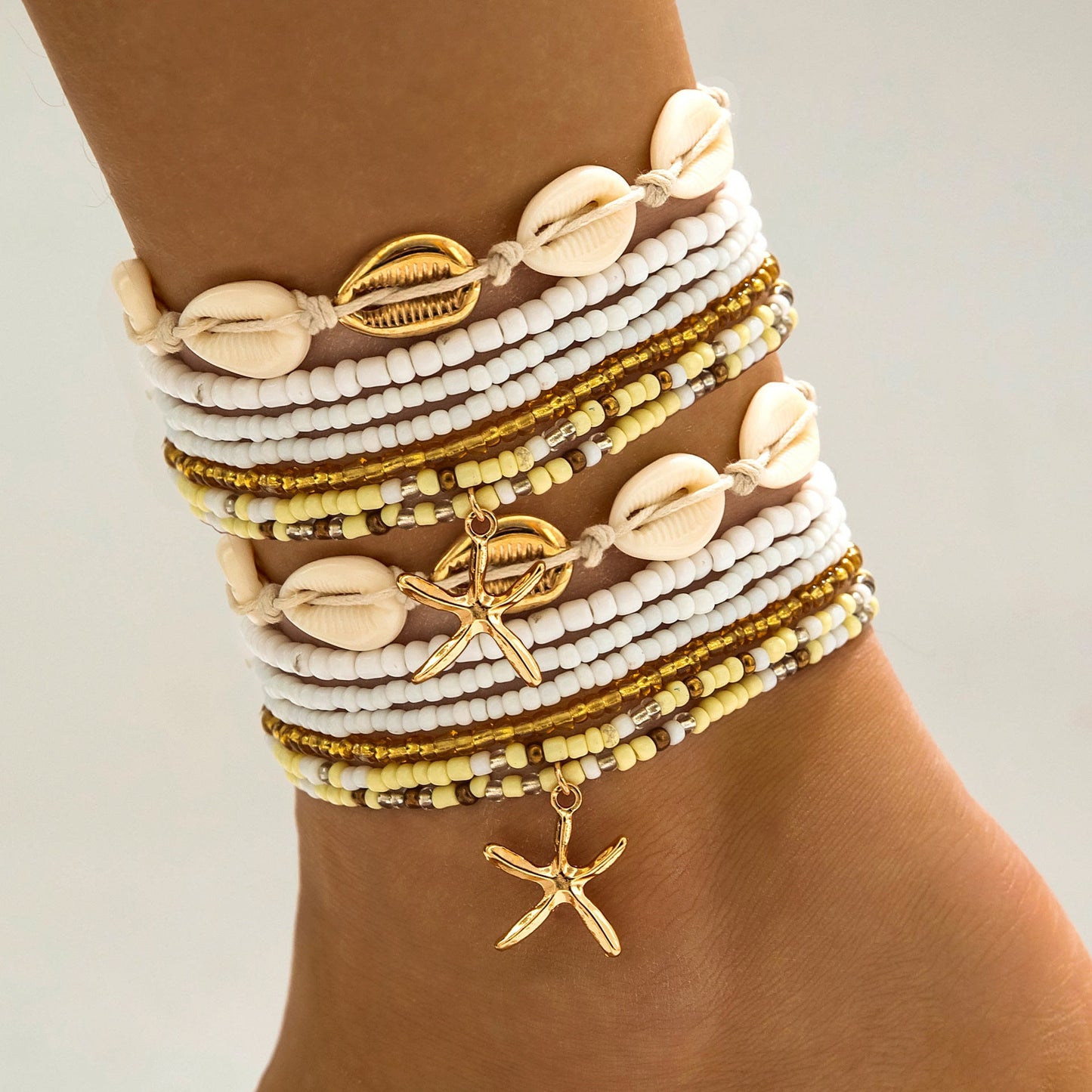 Bohemian Seashell Beaded Anklets Set With Starfish Elements