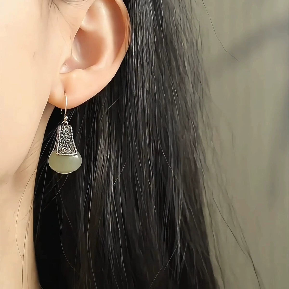 925 Silver Retro New Tibet Grass Pattern Jade Light Bulb Earrings, Ear Hooks, Ethnic Style Jewelry, Niche And High-End Sense