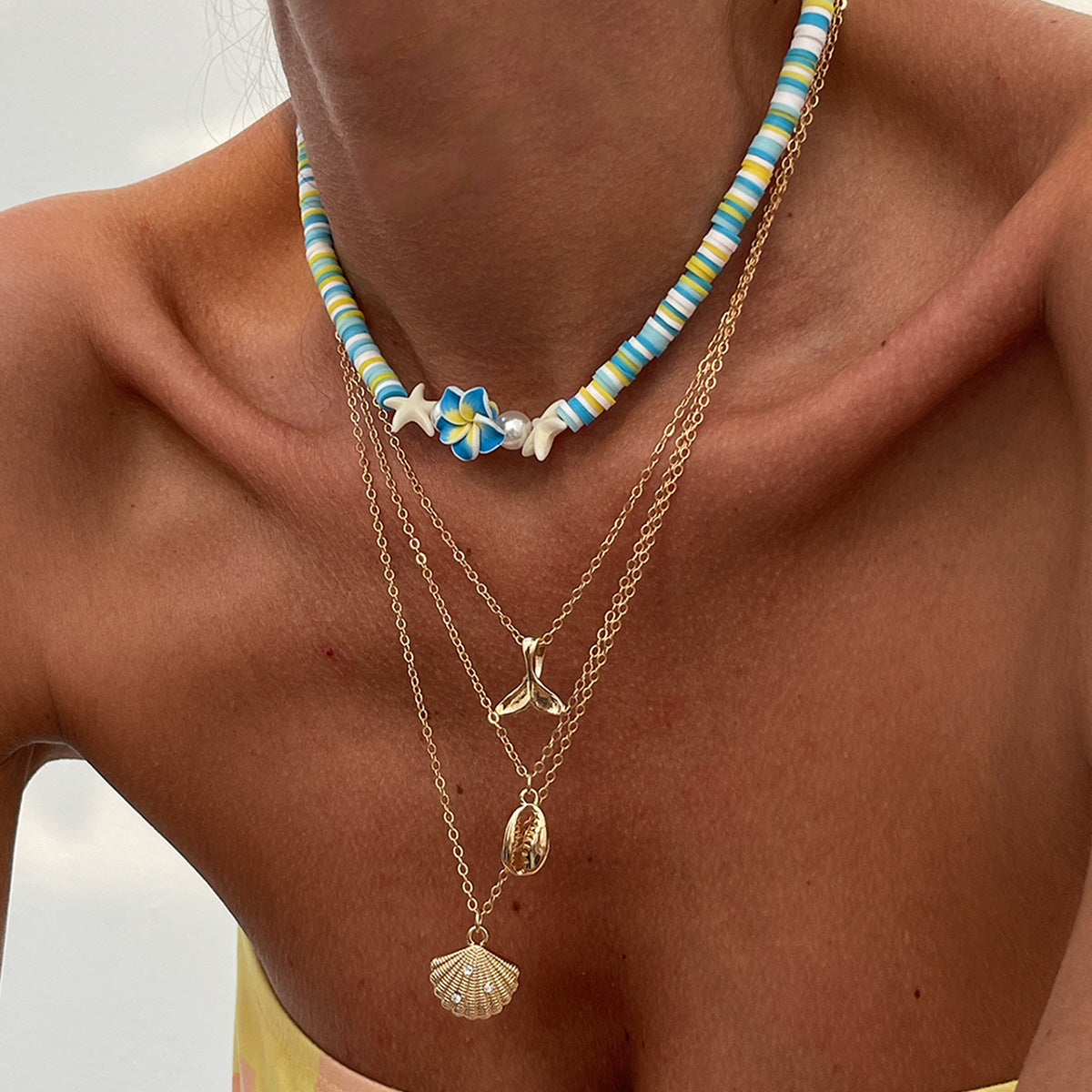 Colorful Polymer Bead Scallop Layered Chain Necklace