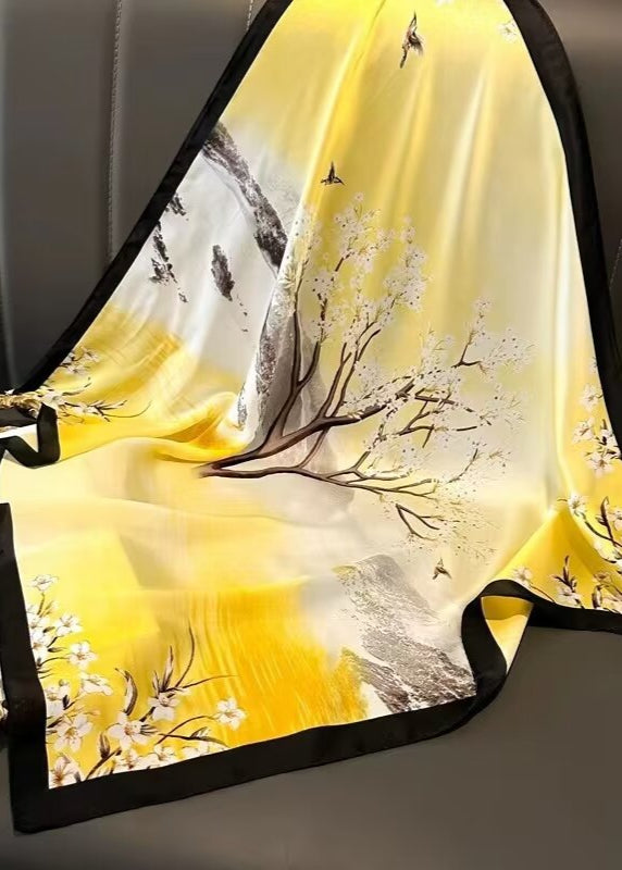 Scenic Floral Silk Scarf Yellow Square Satin