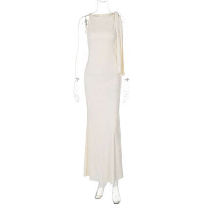 Fashionable Solid Color One-Shoulder Dress with Shoulder Tie