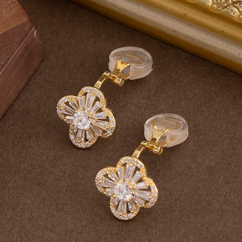Trendy Gold Clovers Ear Clips With Zirconia Stones For Women
