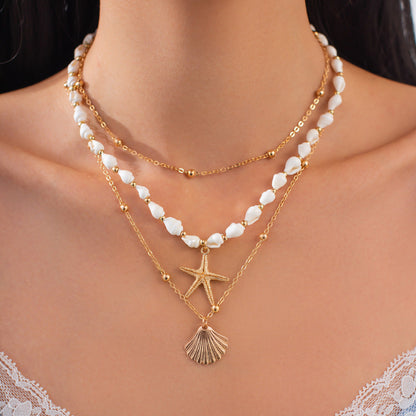 Starfish Shell Pendant Necklace Layered Metal Chain Jewelry