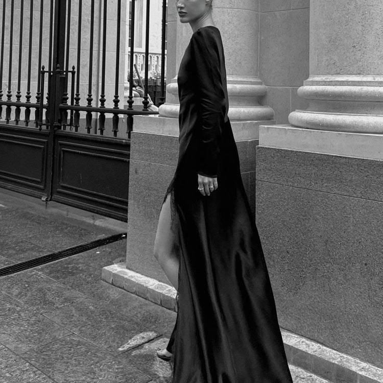 Elegant Black A-Line Dress With Lace Design
