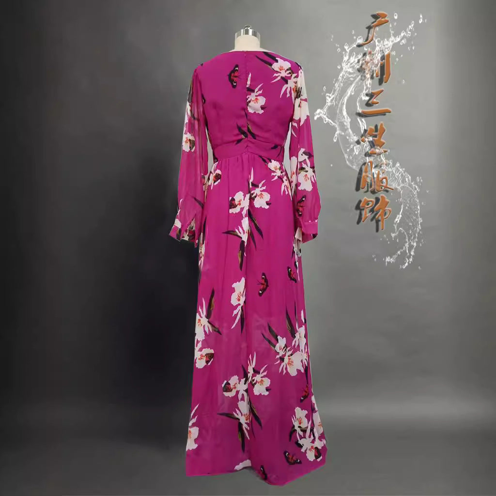 Fashion V-Neck Long Sleeve Maxi Dress With Floral Print