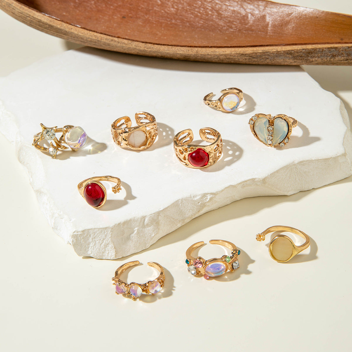 Heart Gemstone Ring Geometric Alloy Ring Set