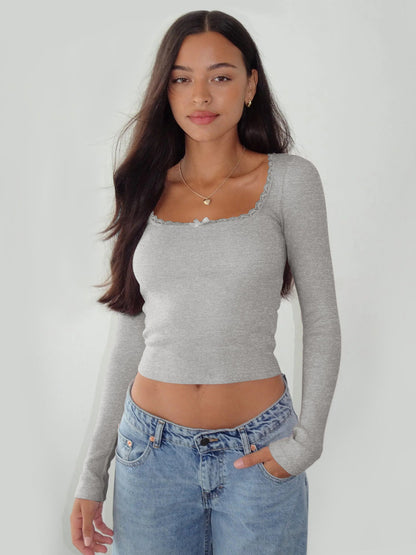 Women’s Long Sleeve Lace Trim U-Neck T-Shirt