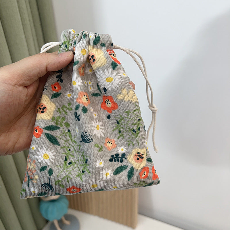 Mini Drawstring Corduroy Canvas Bag Portable Floral Storage Pouch