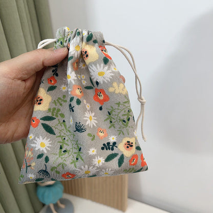 Mini Drawstring Corduroy Canvas Bag Portable Floral Storage Pouch