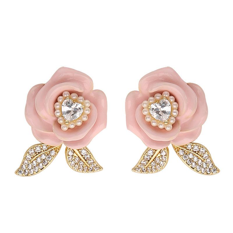 Elegant Rose Flower Stud Earrings With Zirconia - Stylish Floral Accessories