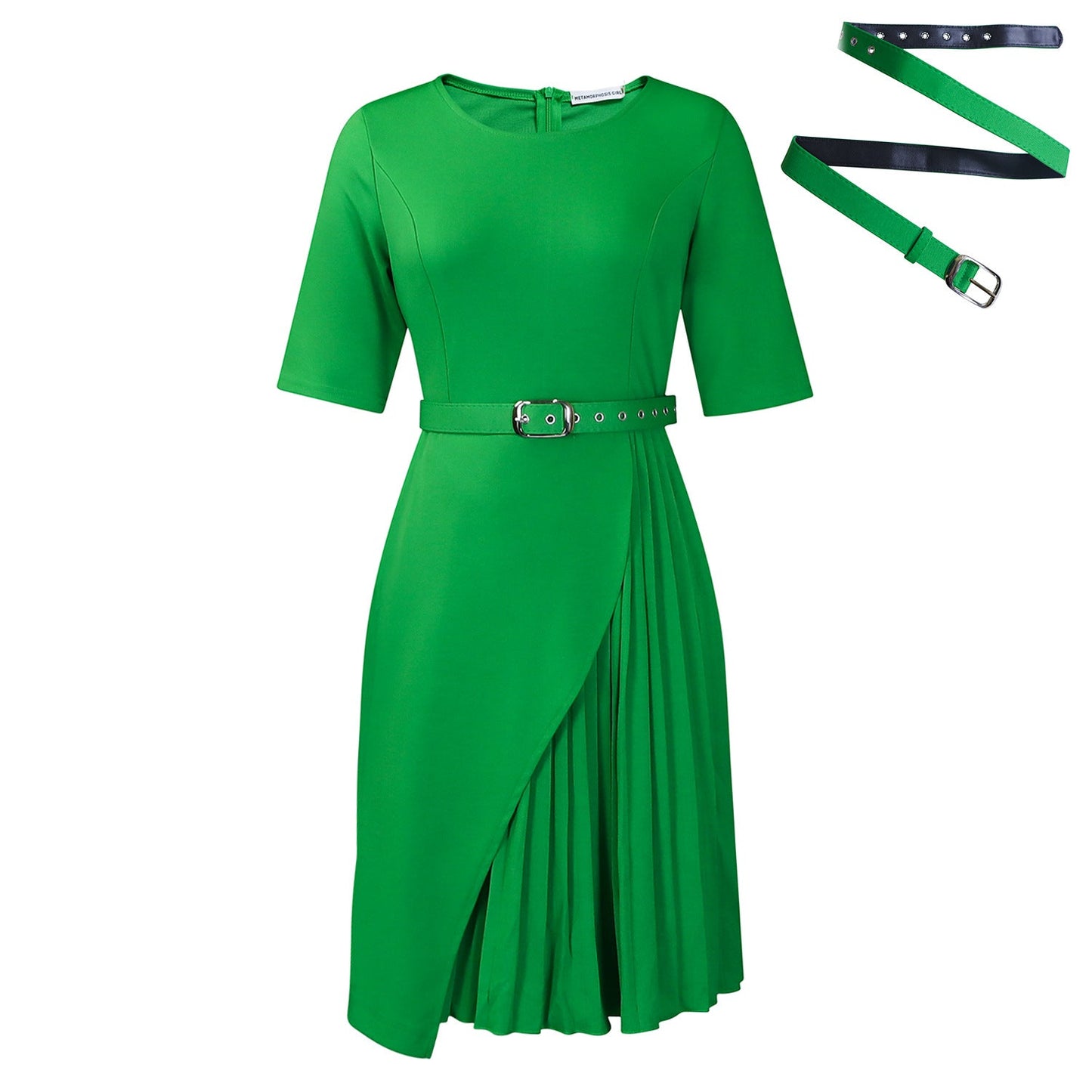 Elegant High-Waisted Pleated Midi Dress With Belt