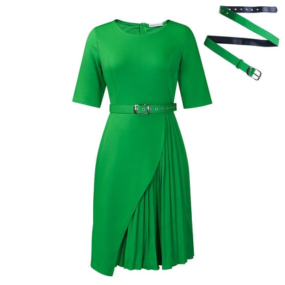 Elegant High-Waisted Pleated Midi Dress With Belt