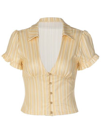 Vintage French Style Button-Up Short Sleeve T-Shirt