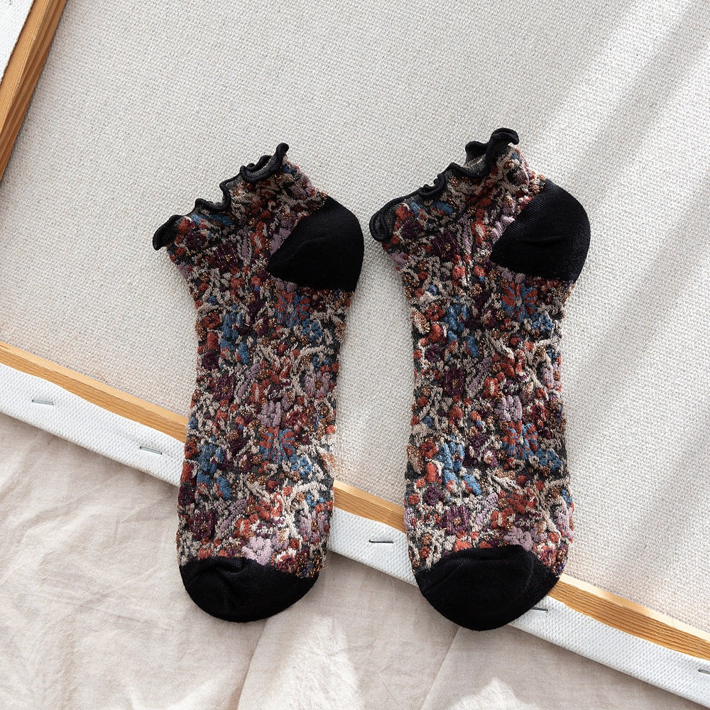 Rufia- Summer Floral Print Lace Trim Low-Cut Socks