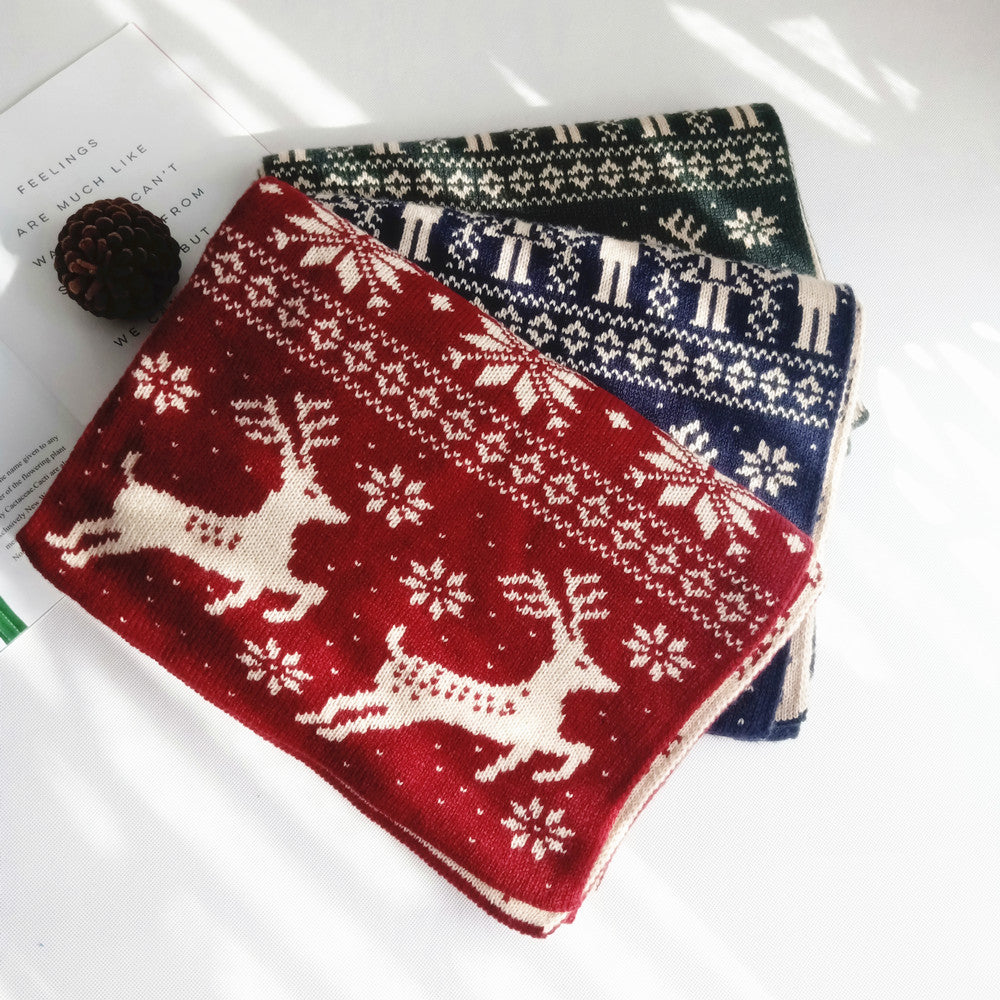 Autumn And Winter Christmas Snowflake Fawn Elk Knitted Scarf Thickened Double-Sided Couple Scarves For Men And Women
